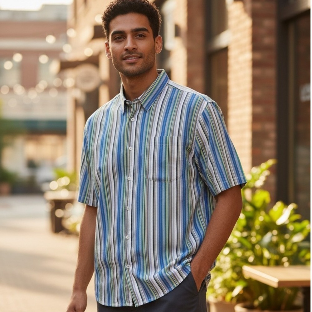 VTG Whatzup Mens Short Sleeve‎ Button Up Shirt Multi Color Stripe Casual Size XL